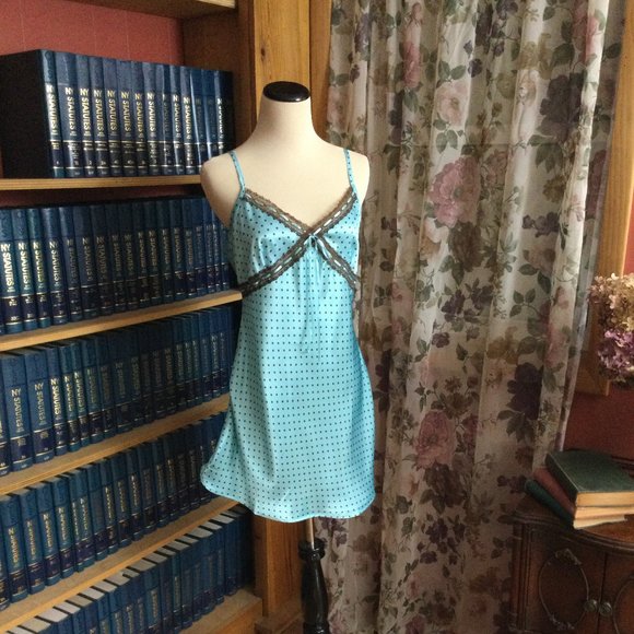 Azure Blue silky chemise nightgown with lace trim - Picture 1 of 8
